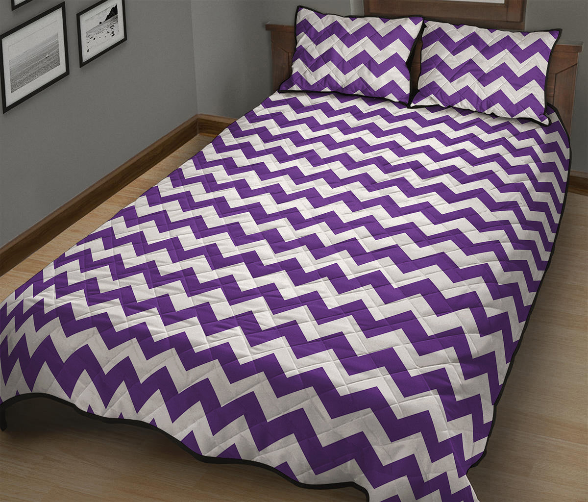 Purple And White Chevron Pattern Print Quilt Bed Set