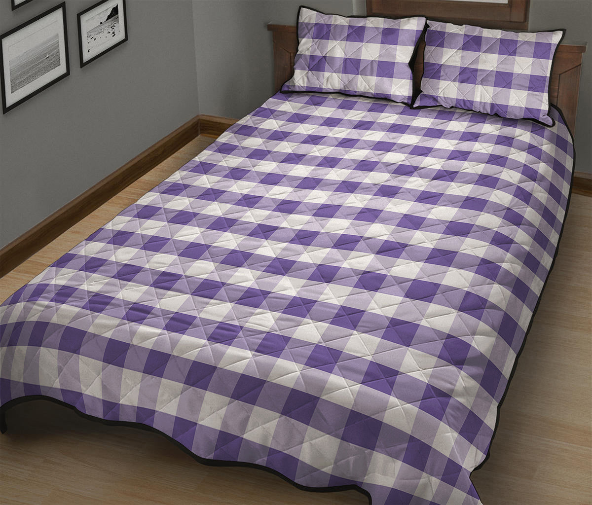 Purple And White Gingham Pattern Print Quilt Bed Set