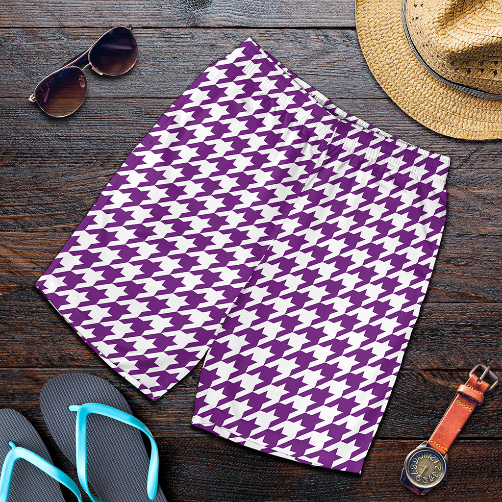 Purple And White Houndstooth Print Men's Shorts