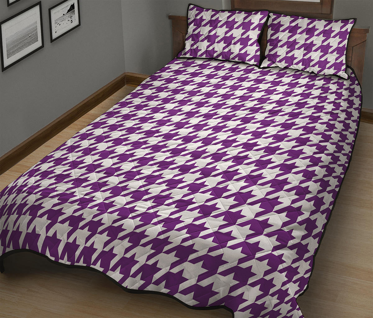 Purple And White Houndstooth Print Quilt Bed Set