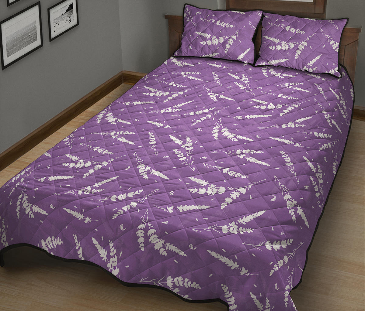 Purple And White Lavender Pattern Print Quilt Bed Set