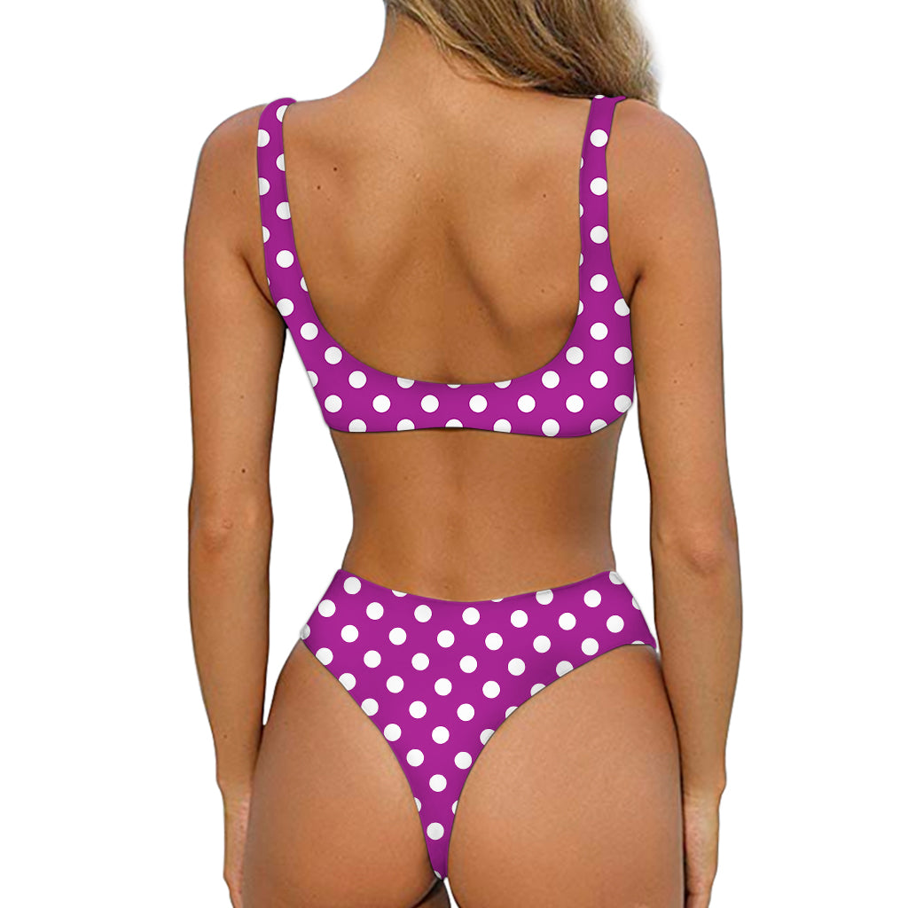 Purple And White Polka Dot Pattern Print Front Bow Tie Bikini