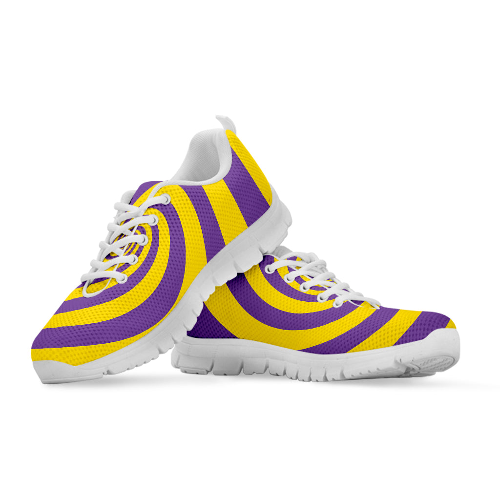 Purple And Yellow Spiral Illusion Print White Sneakers