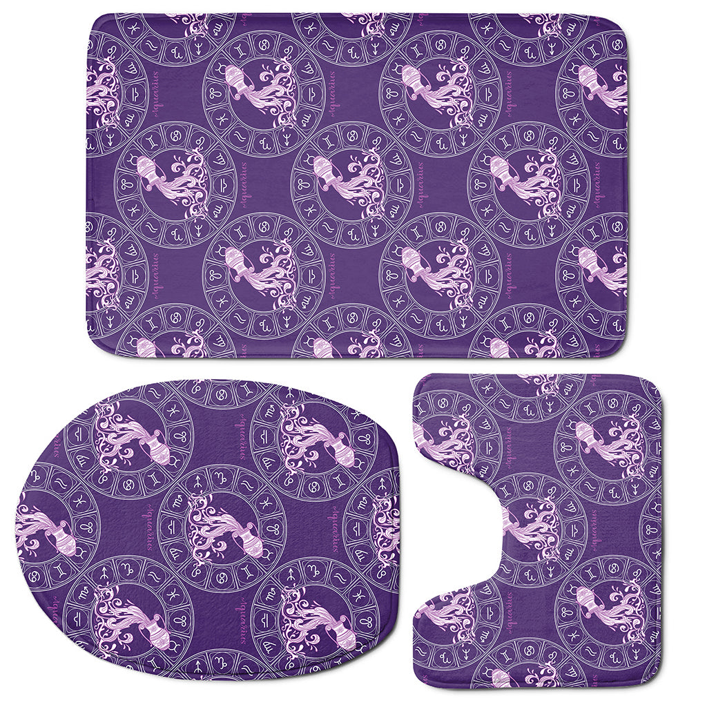 Purple Aquarius Zodiac Pattern Print 3 Piece Bath Mat Set