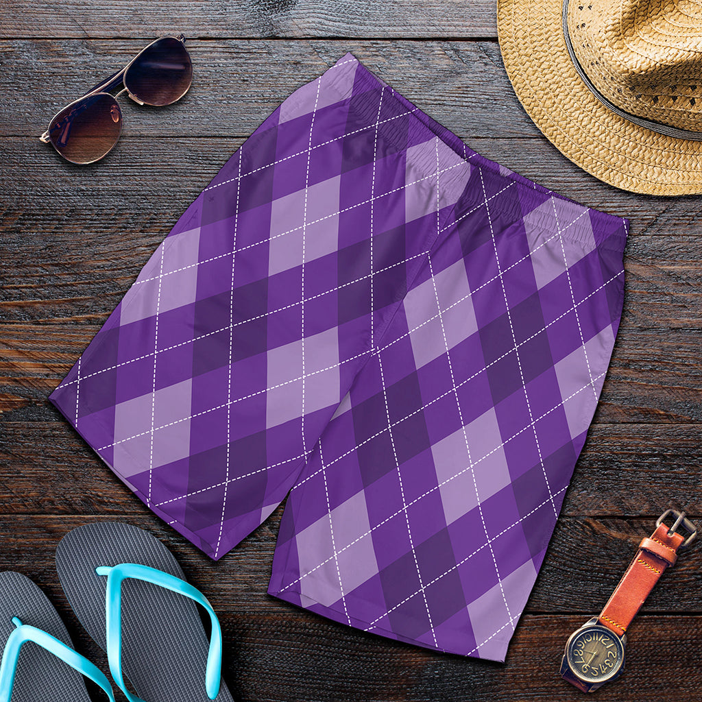 Purple Argyle Pattern Print Men's Shorts