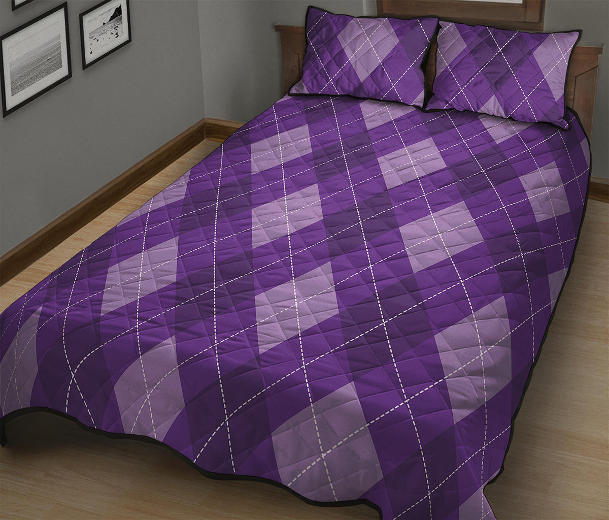 Purple Argyle Pattern Print Quilt Bed Set