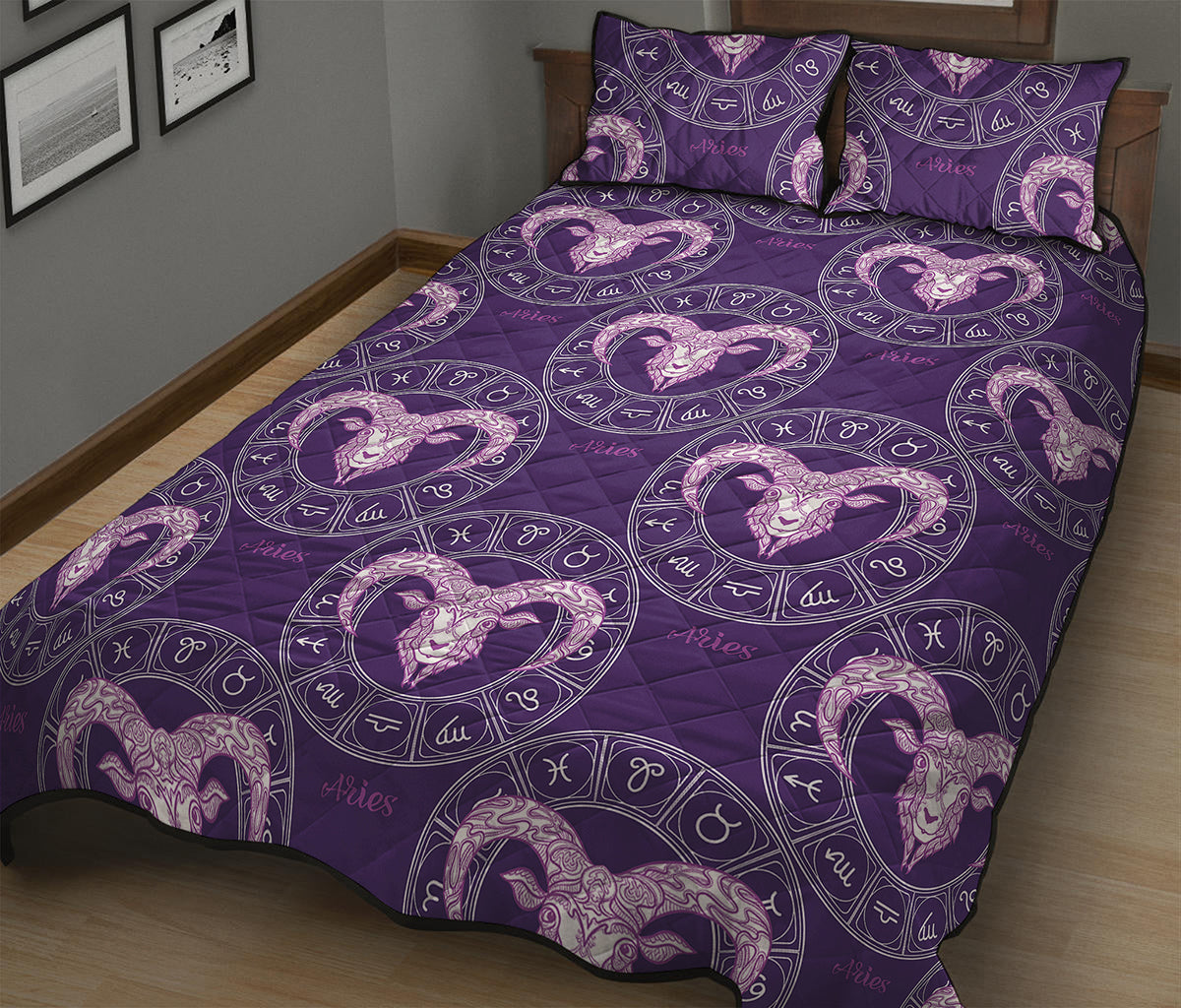 Purple Aries Zodiac Pattern Print Quilt Bed Set