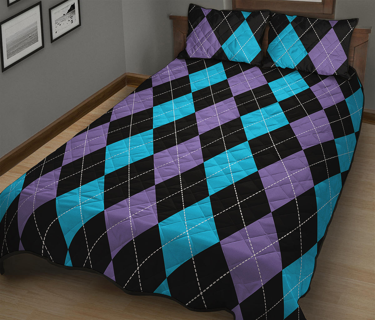 Purple Black And Blue Argyle Print Quilt Bed Set