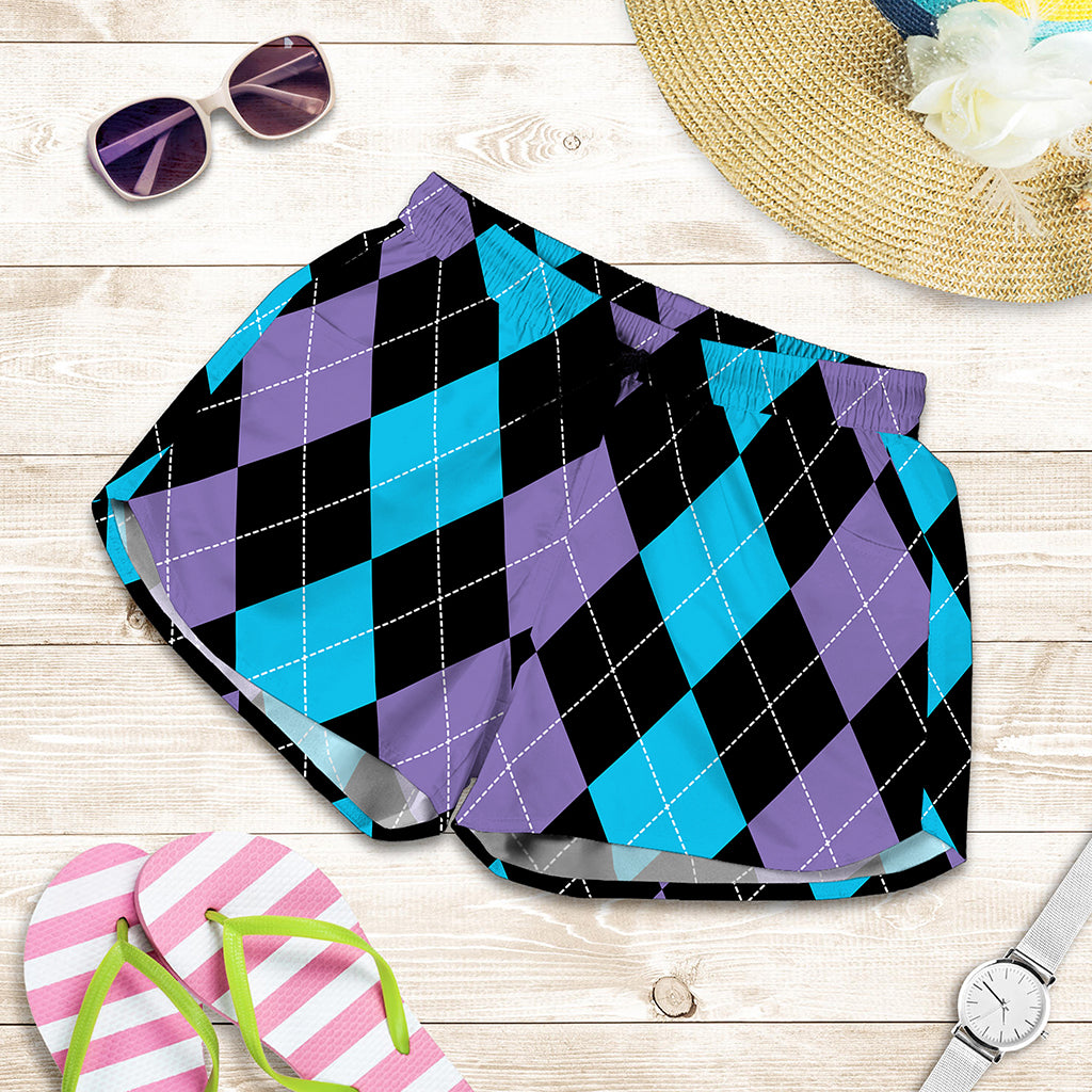Purple Black And Blue Argyle Print Women's Shorts