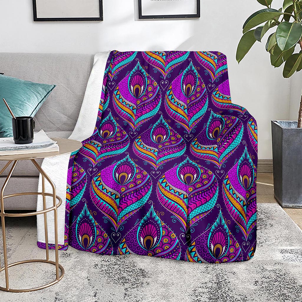 Purple Bohemian Peacock Feather Print Blanket