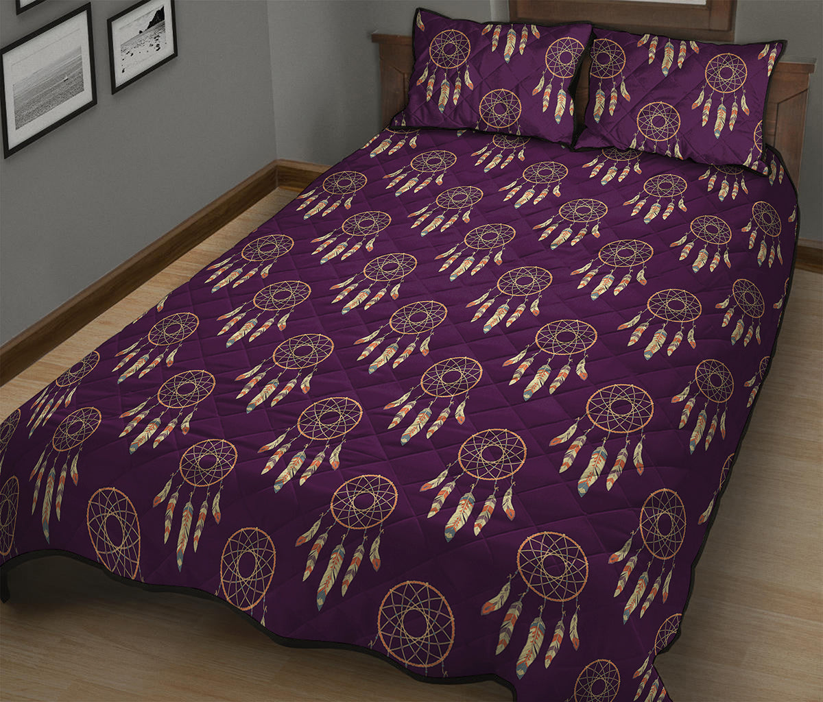 Purple Boho Dream Catcher Pattern Print Quilt Bed Set