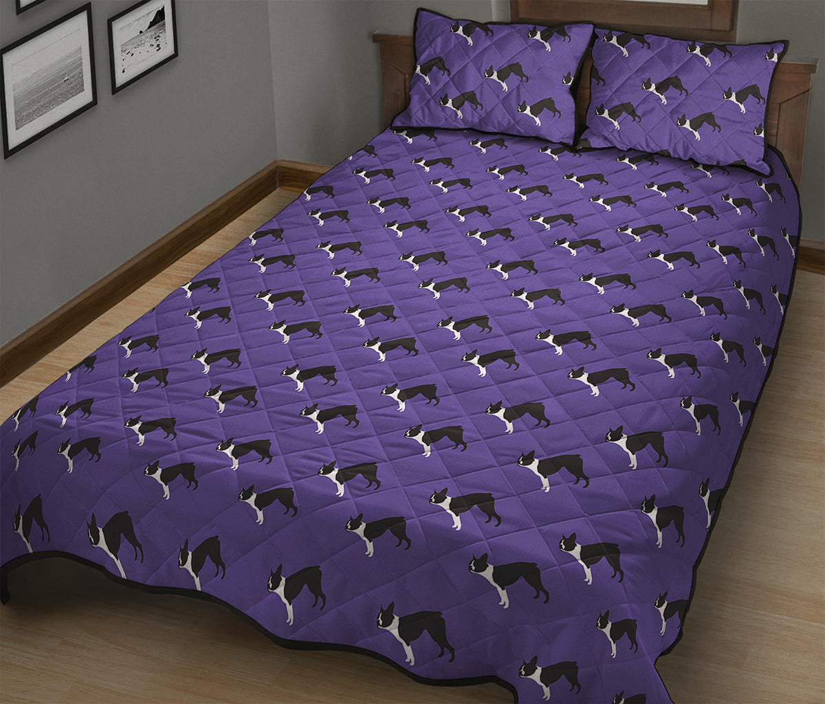 Purple Boston Terrier Pattern Print Quilt Bed Set