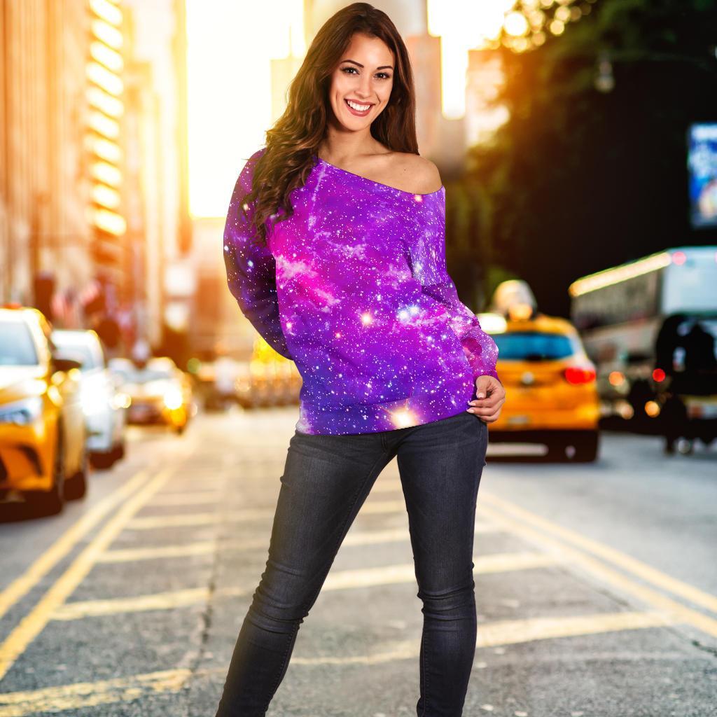 Purple Bursting Galaxy Space Print Off Shoulder Sweatshirt GearFrost