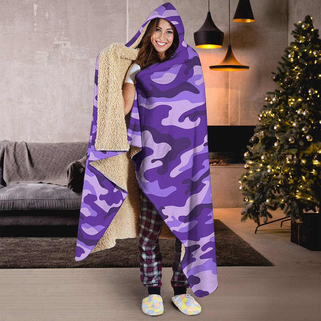 Purple Camouflage Print Hooded Blanket