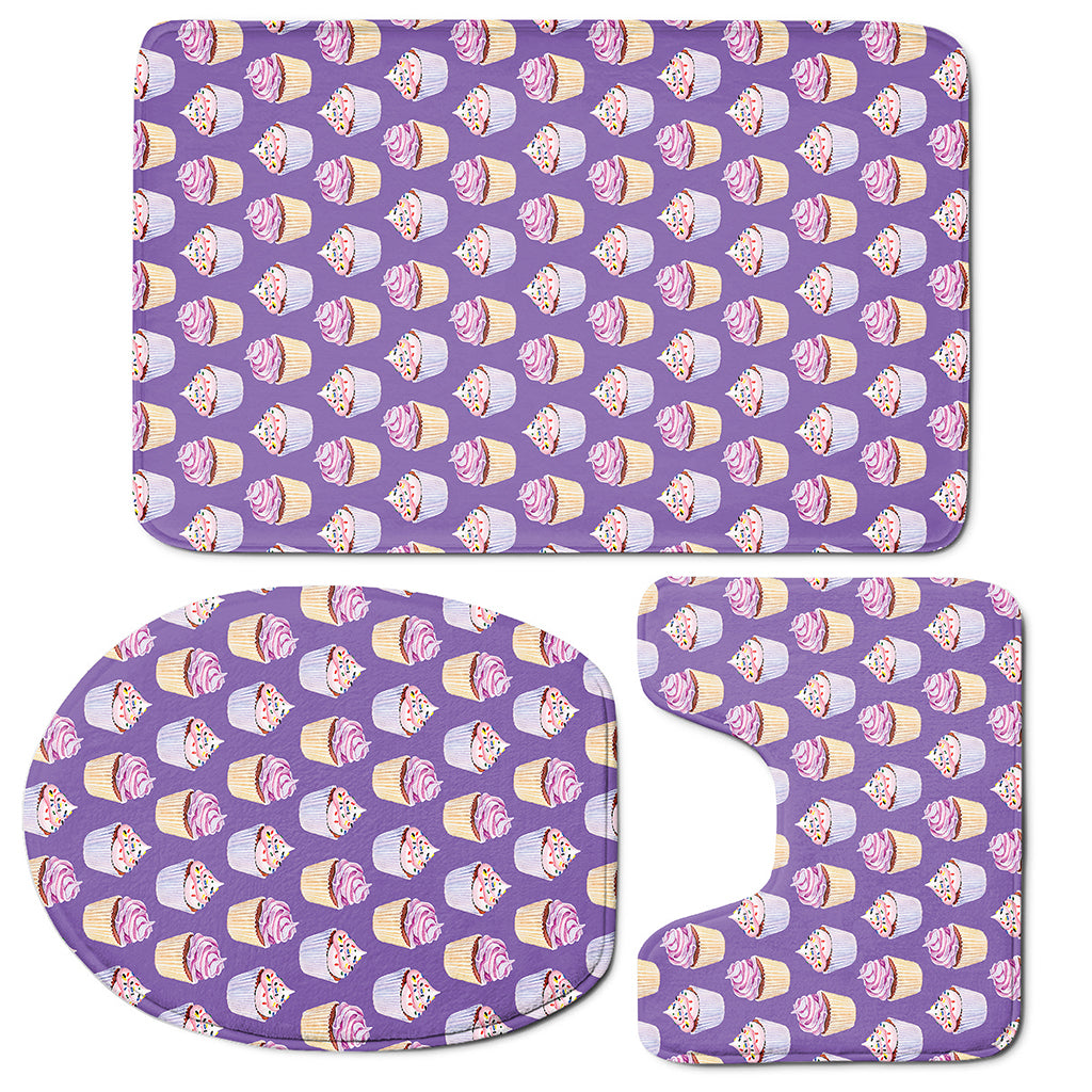 Purple Cupcake Pattern Print 3 Piece Bath Mat Set