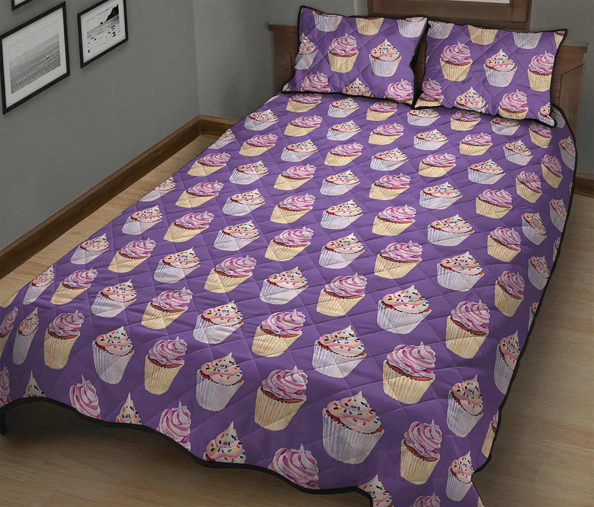 Purple Cupcake Pattern Print Quilt Bed Set