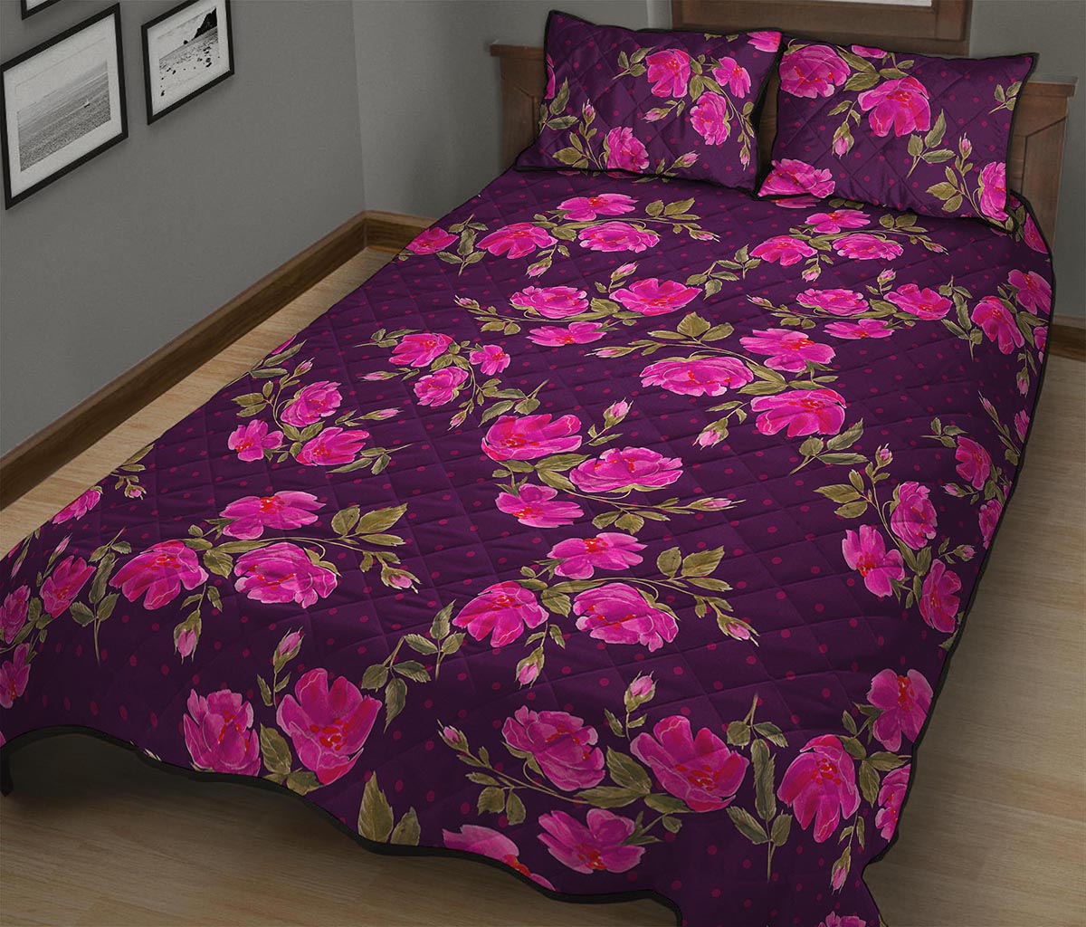 Purple Floral Flower Pattern Print Quilt Bed Set