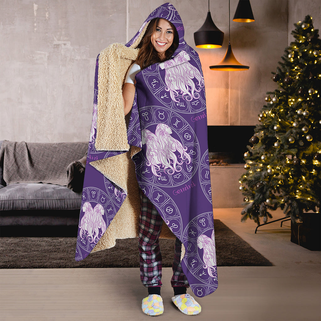 Purple Gemini Zodiac Pattern Print Hooded Blanket