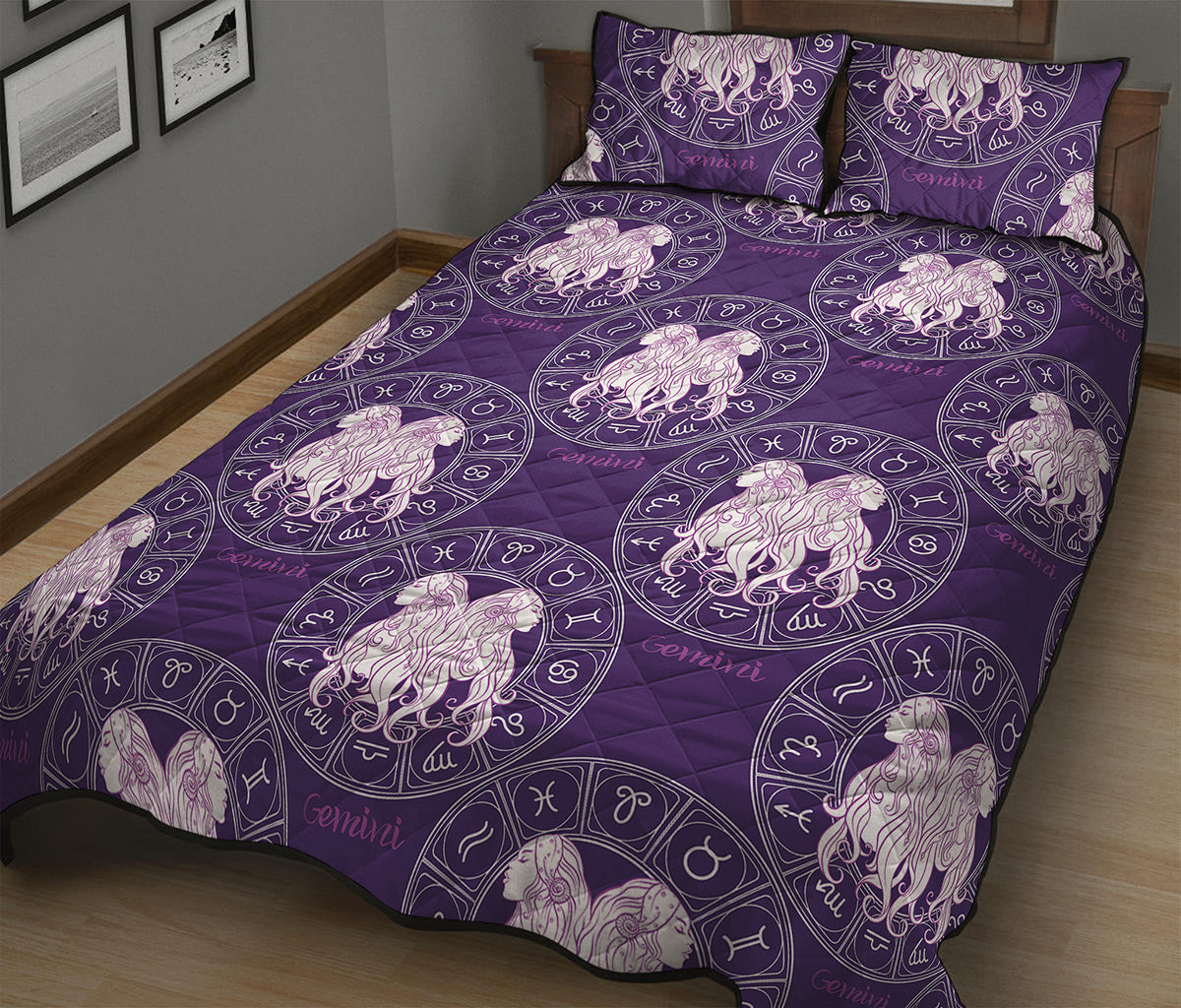 Purple Gemini Zodiac Pattern Print Quilt Bed Set