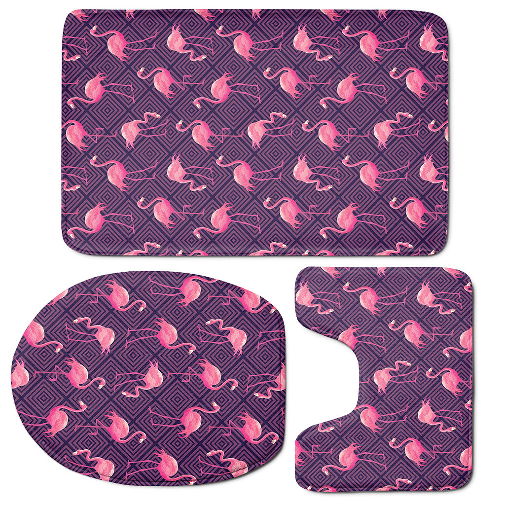 Purple Geometric Flamingo Pattern Print 3 Piece Bath Mat Set