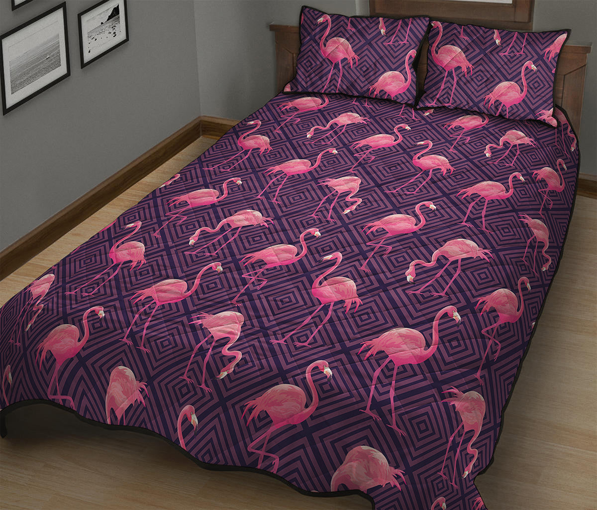 Purple Geometric Flamingo Pattern Print Quilt Bed Set