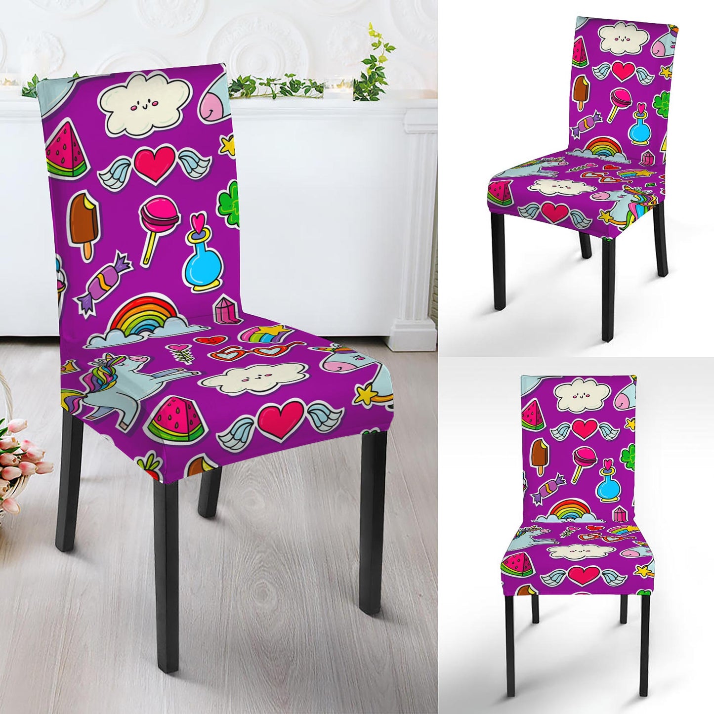 Purple Girly Unicorn Pattern Print Dining Chair Slipcover