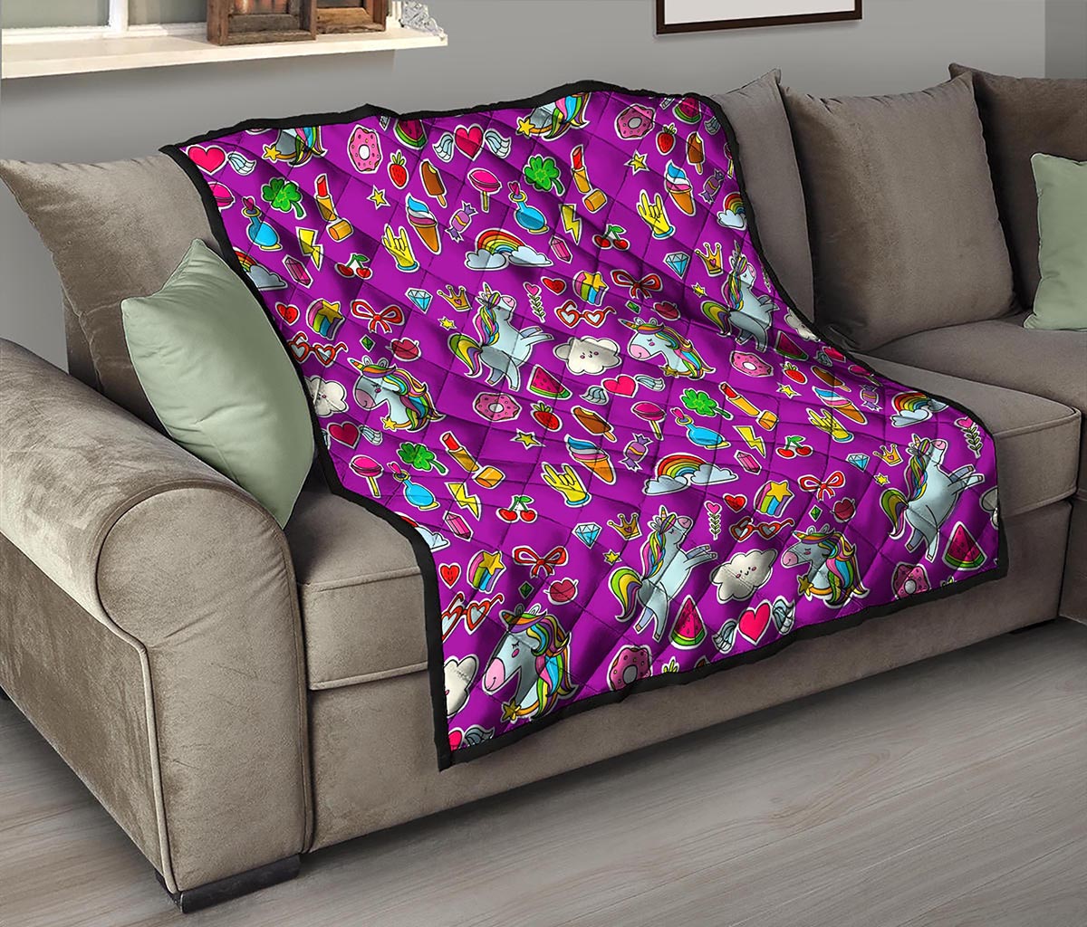 Purple Girly Unicorn Pattern Print Quilt