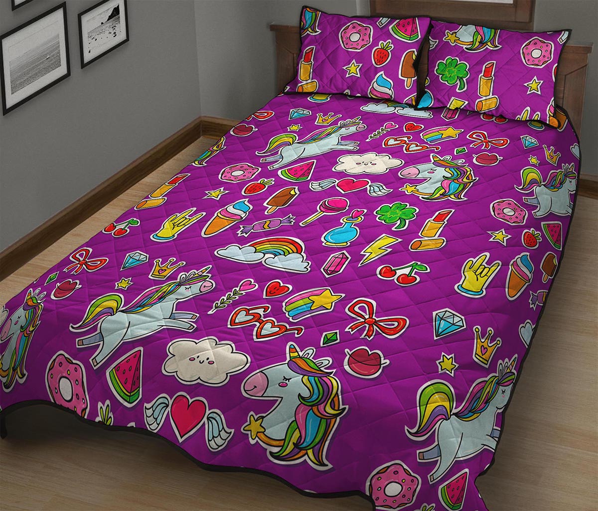 Purple Girly Unicorn Pattern Print Quilt Bed Set