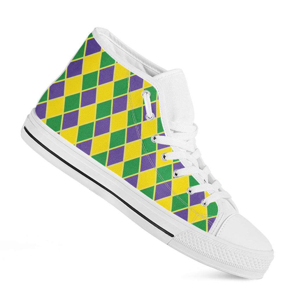 Purple Green And Yellow Mardi Gras Print White High Top Shoes