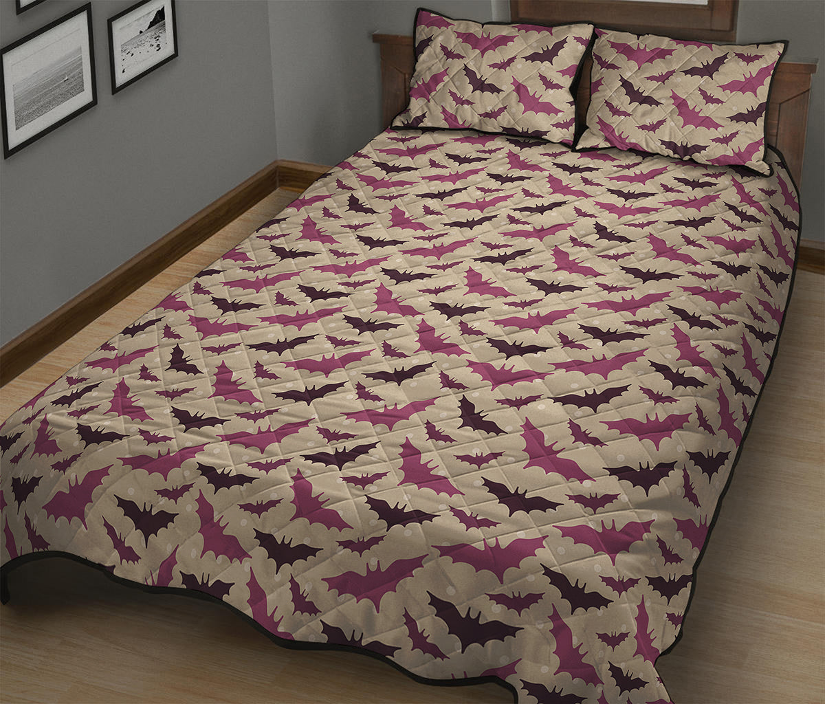 Purple Halloween Bat Pattern Print Quilt Bed Set