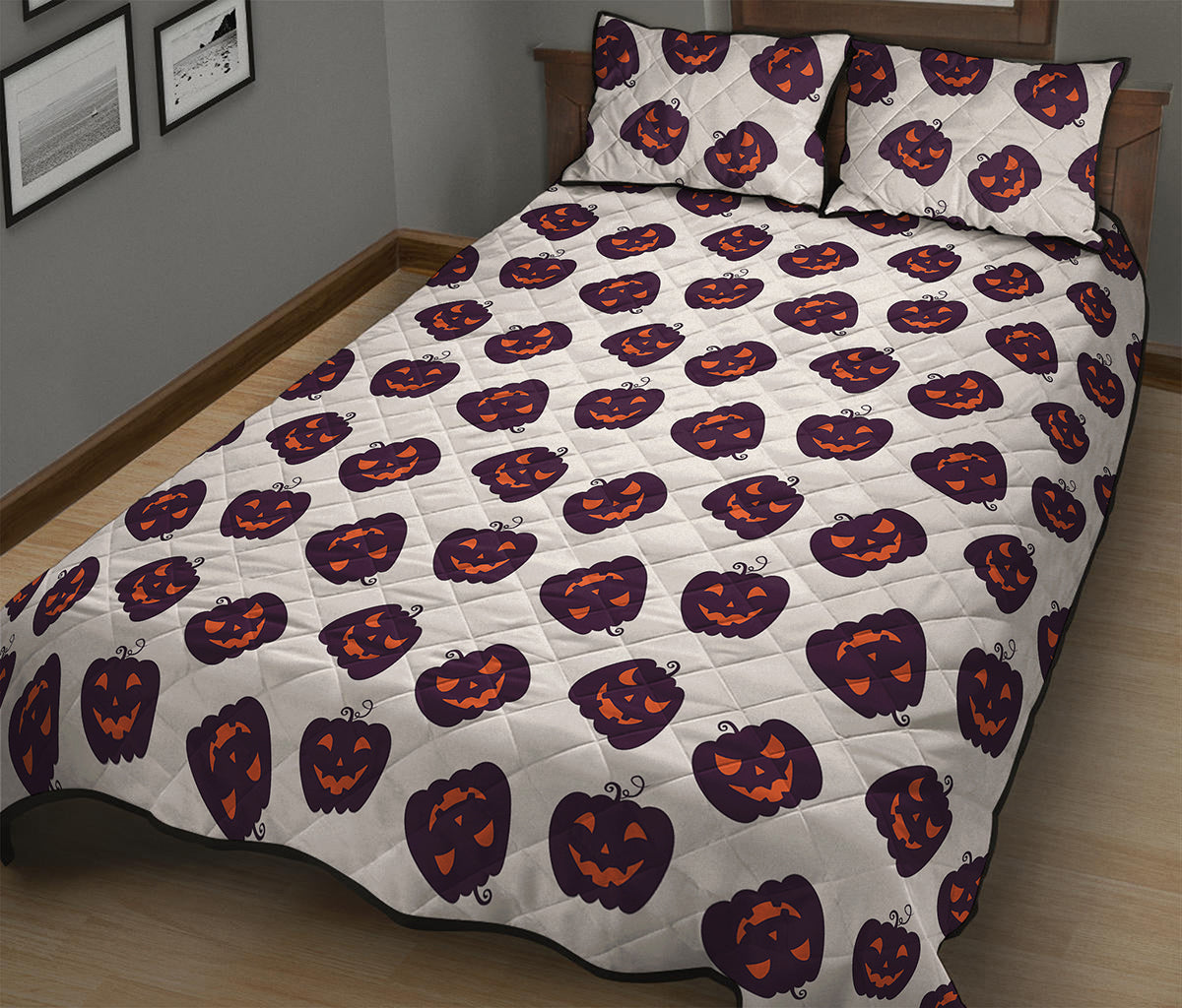 Purple Halloween Pumpkin Pattern Print Quilt Bed Set