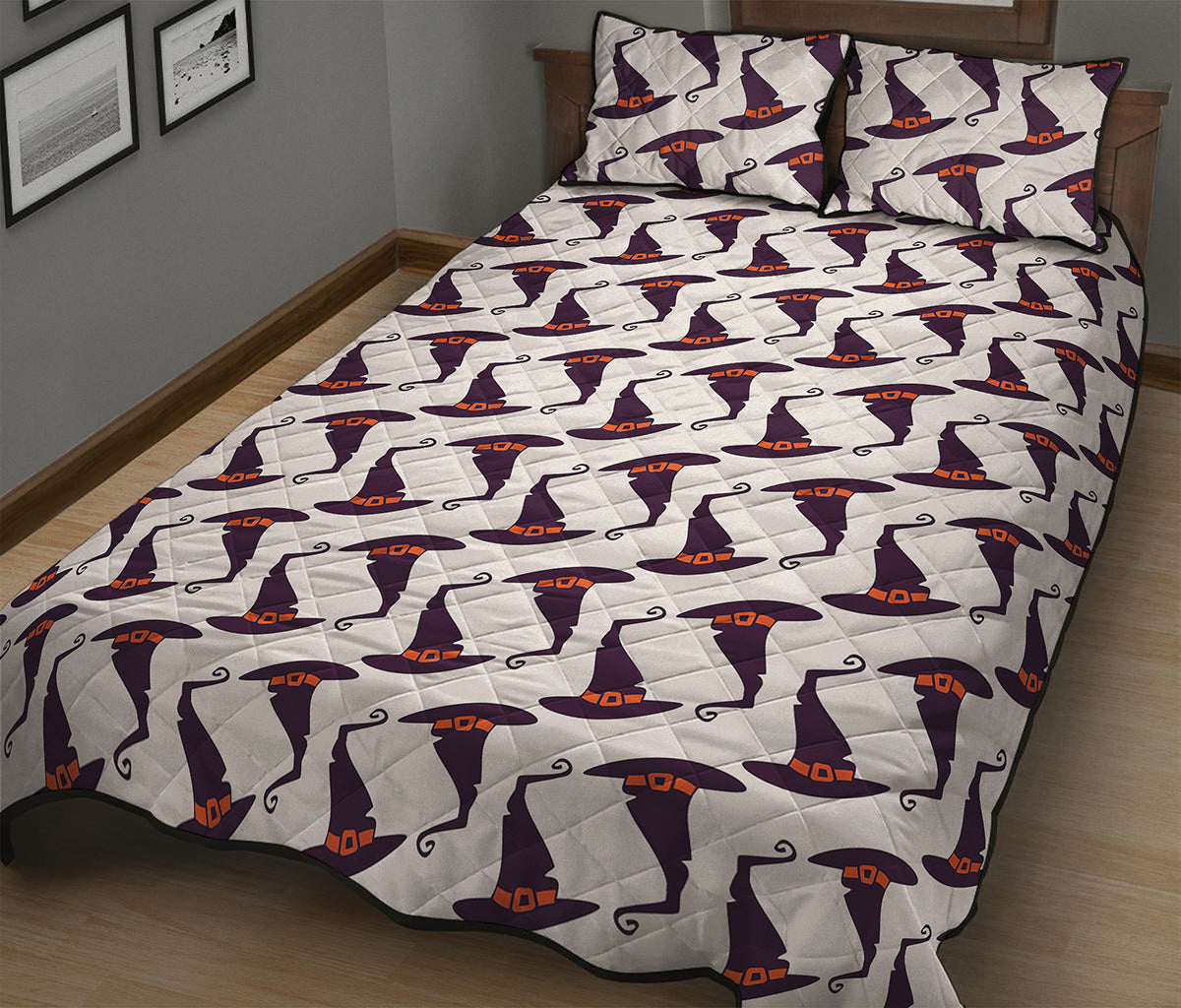 Purple Halloween Witch Hat Pattern Print Quilt Bed Set