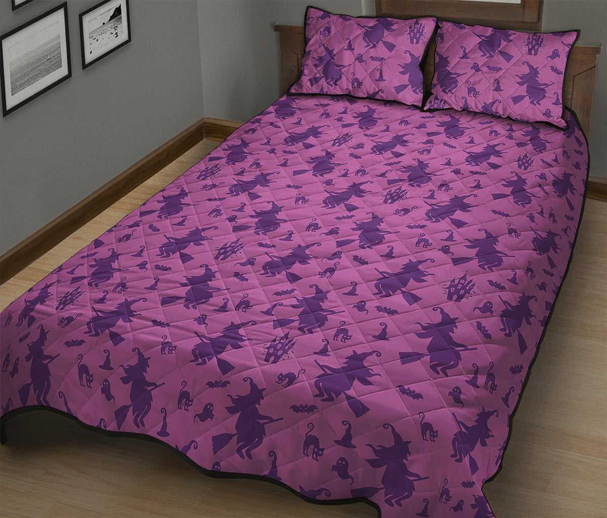 Purple Halloween Witch Pattern Print Quilt Bed Set