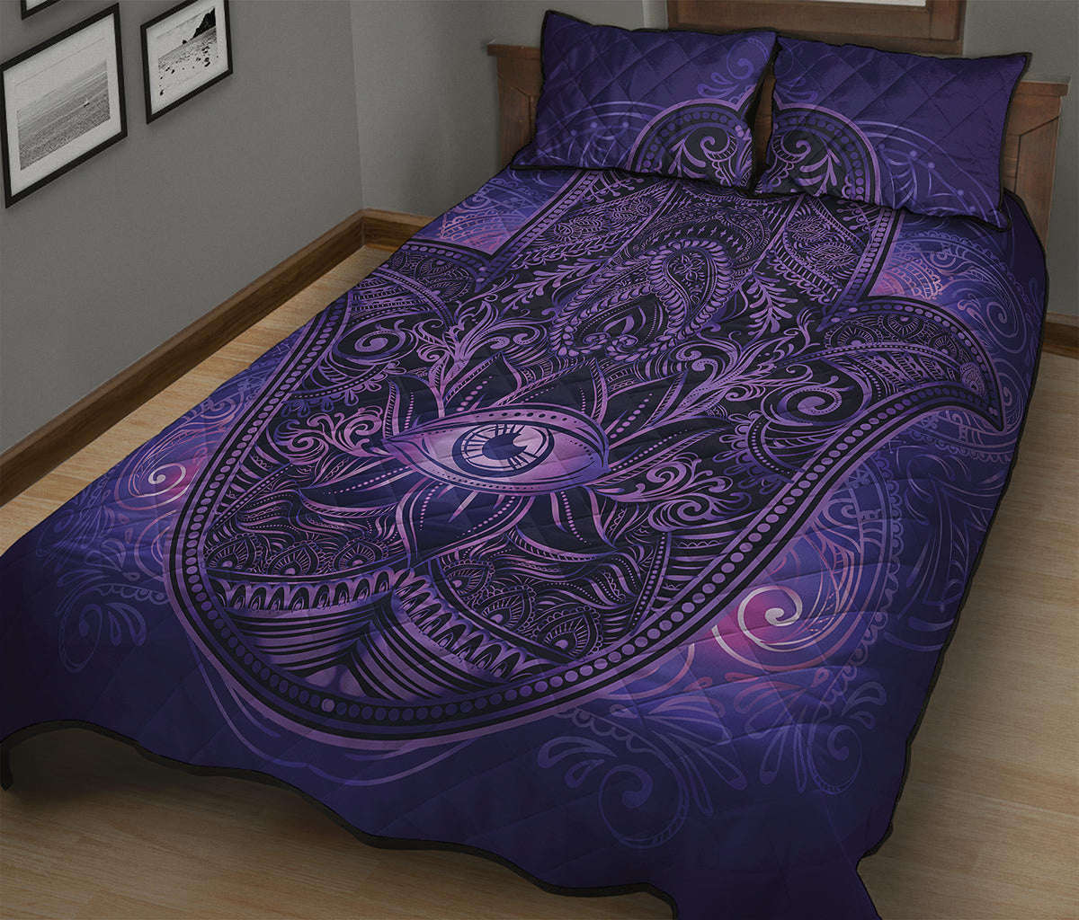 Purple Hamsa Hand Print Quilt Bed Set