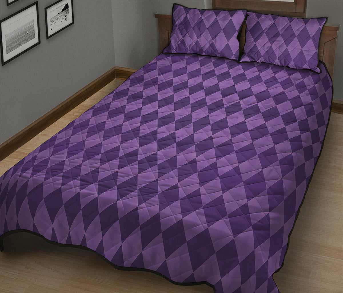 Purple Harlequin Pattern Print Quilt Bed Set