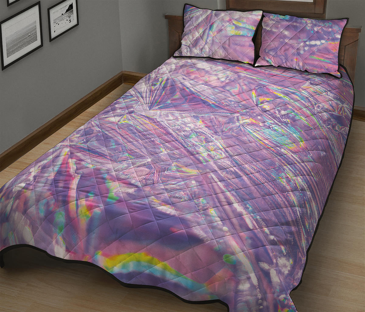 Purple Holographic Print Quilt Bed Set