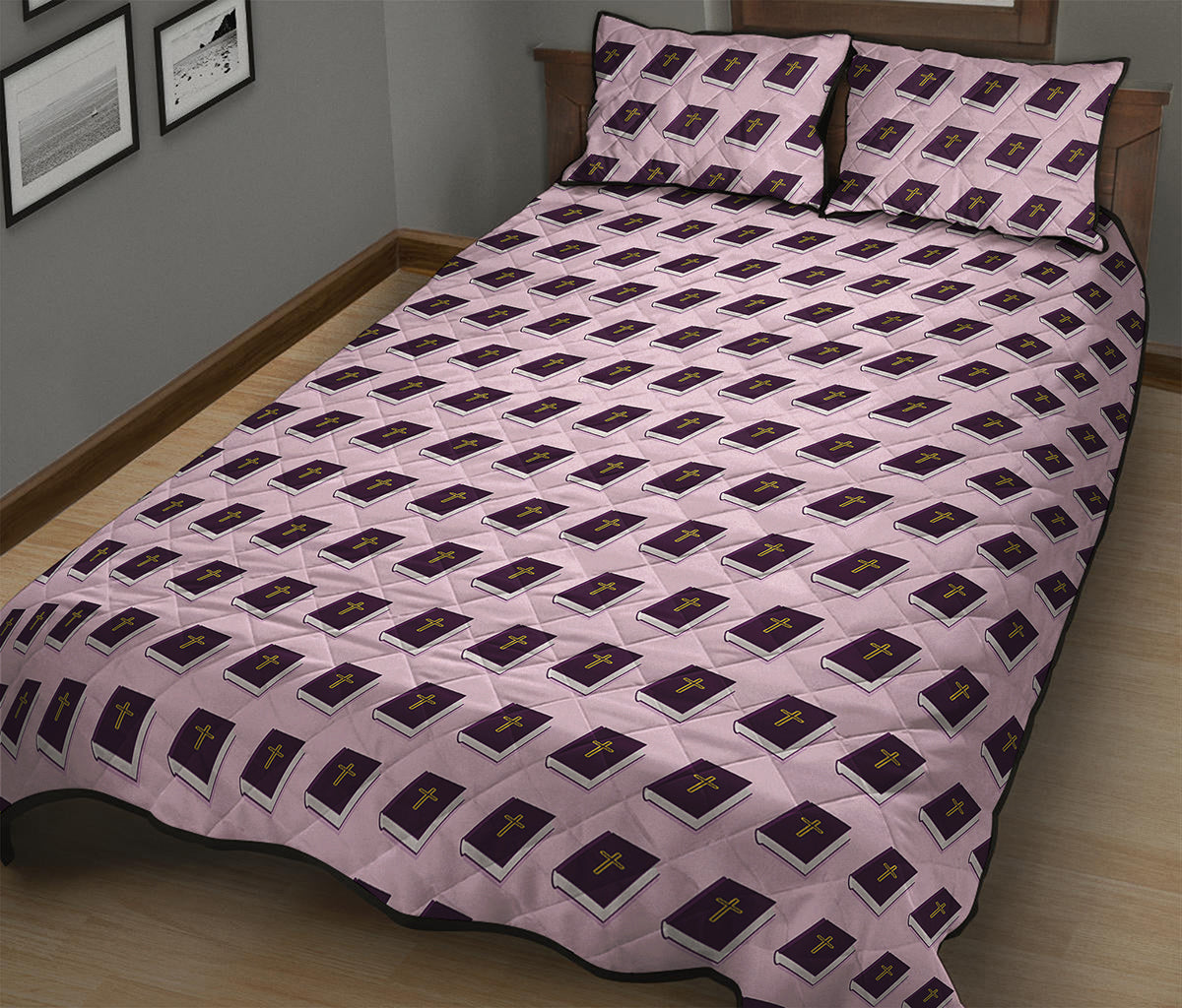 Purple Holy Bible Pattern Print Quilt Bed Set