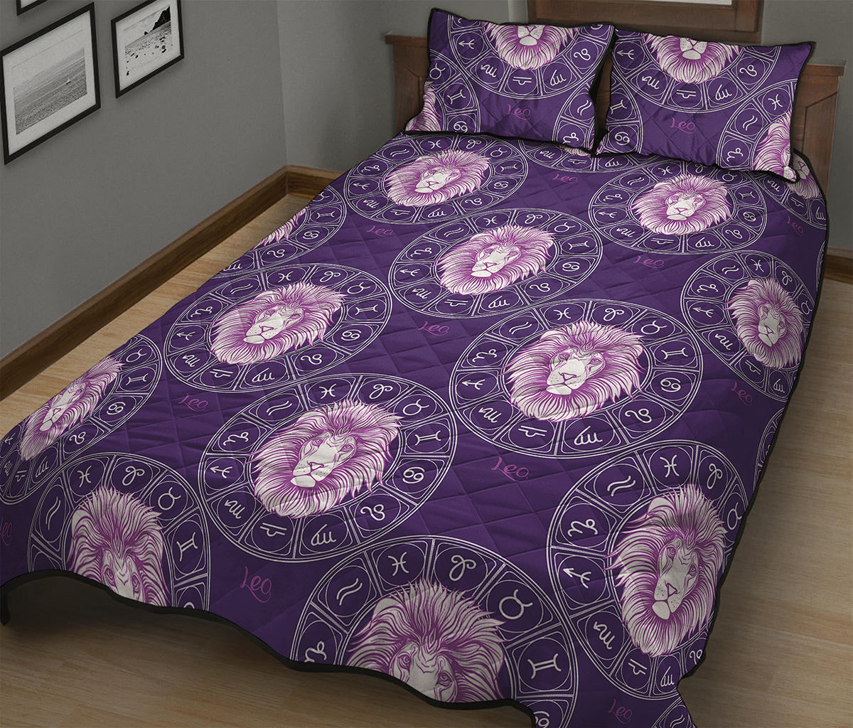 Purple Leo Zodiac Pattern Print Quilt Bed Set