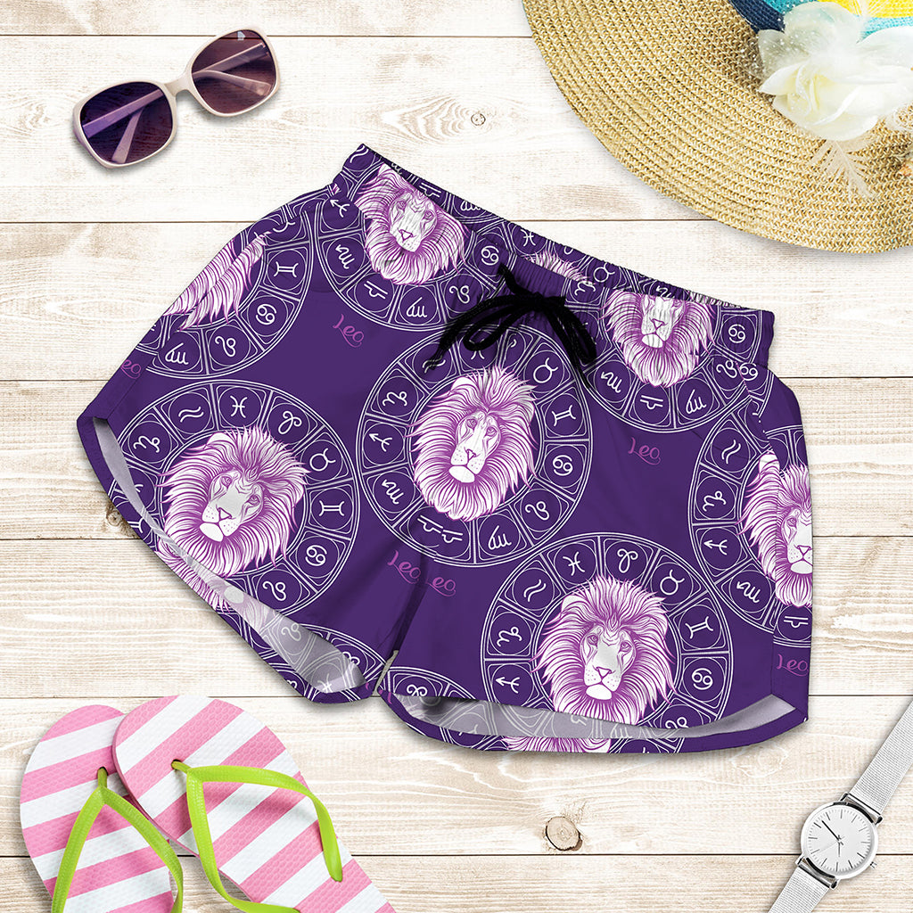 Purple Leo Zodiac Pattern Print Women's Shorts