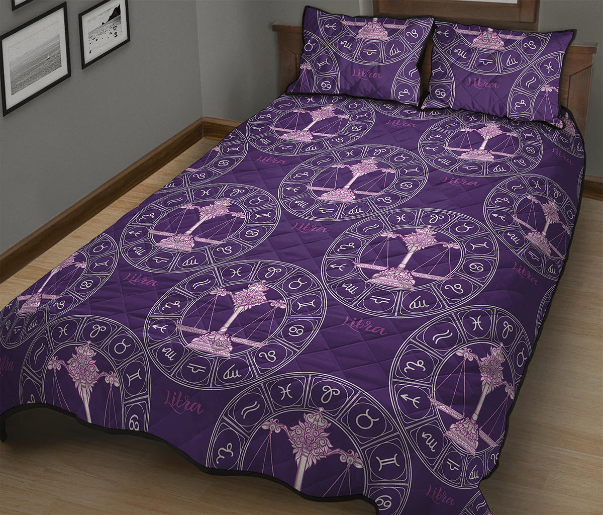 Purple Libra Zodiac Pattern Print Quilt Bed Set