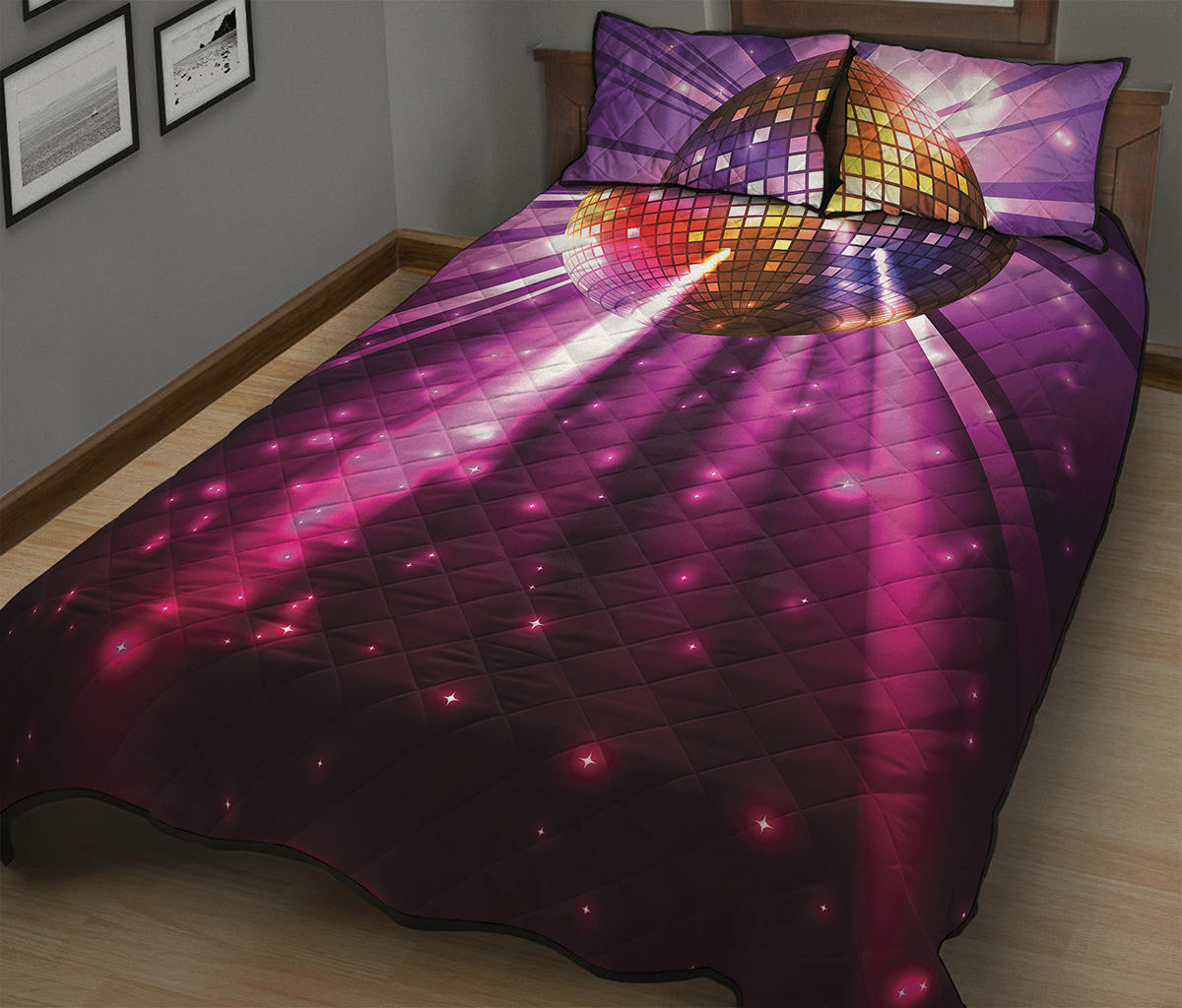 Purple Light Disco Ball Print Quilt Bed Set
