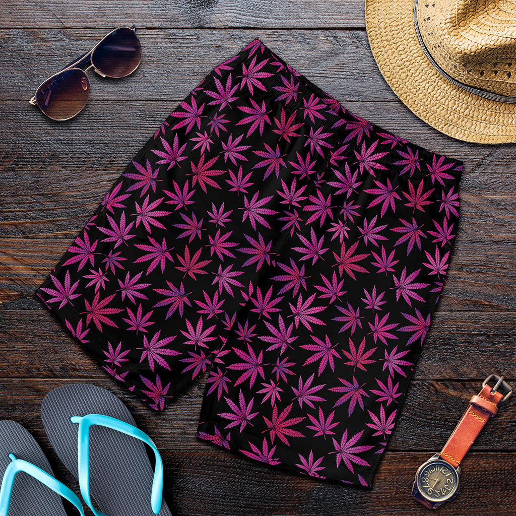 Purple Marijuana Leaf Pattern Print Men's Shorts