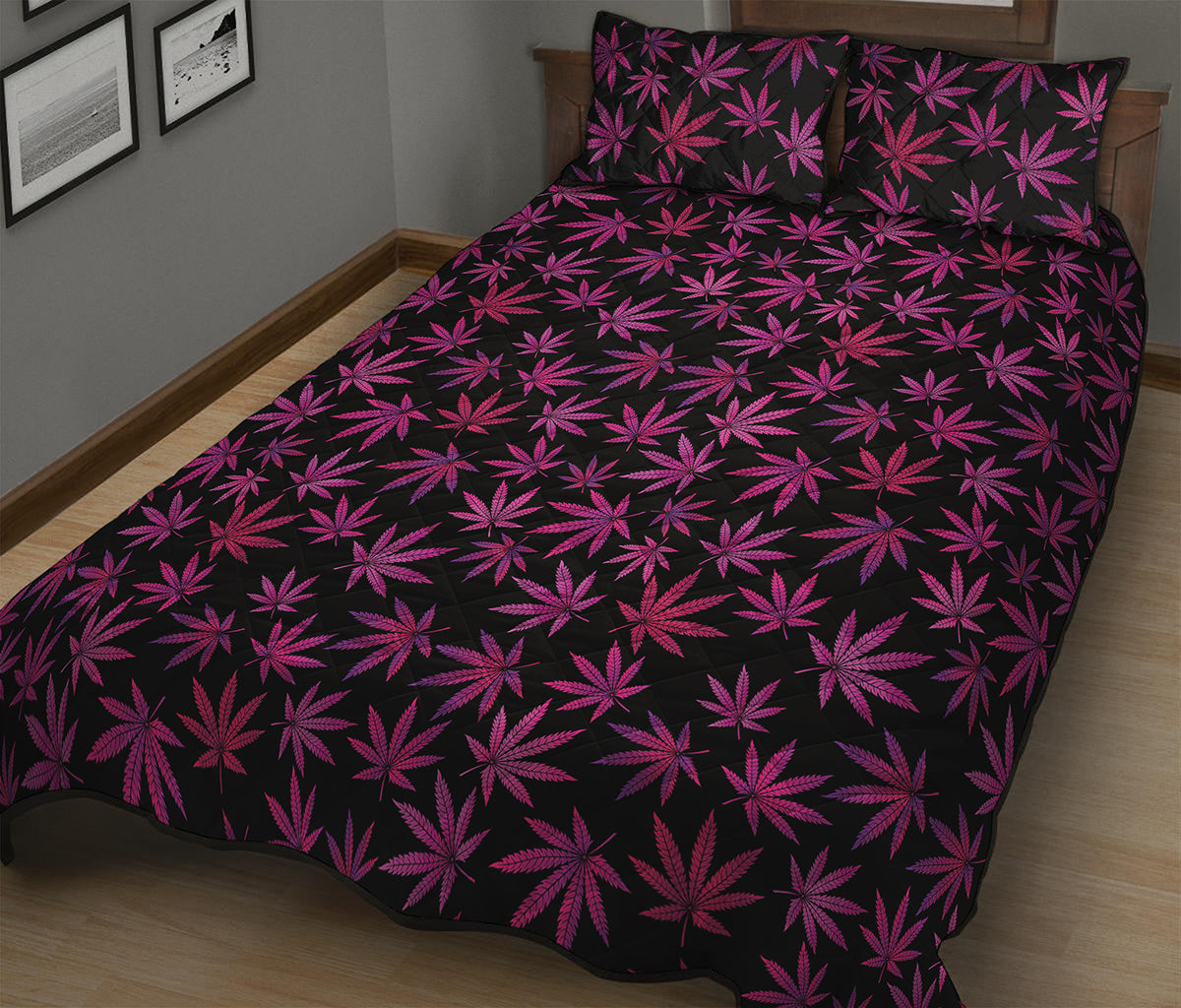 Purple Marijuana Leaf Pattern Print Quilt Bed Set