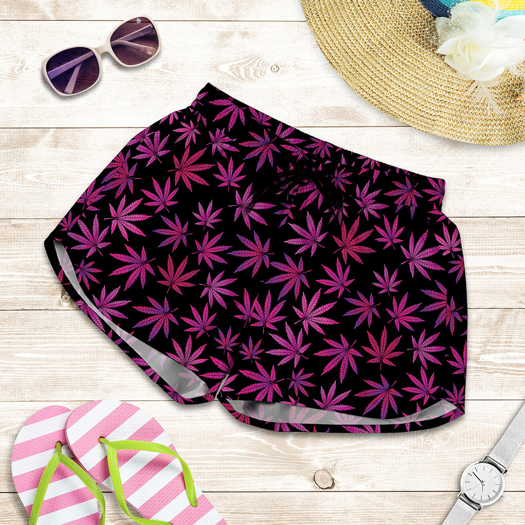 Purple Marijuana Leaf Pattern Print Women's Shorts