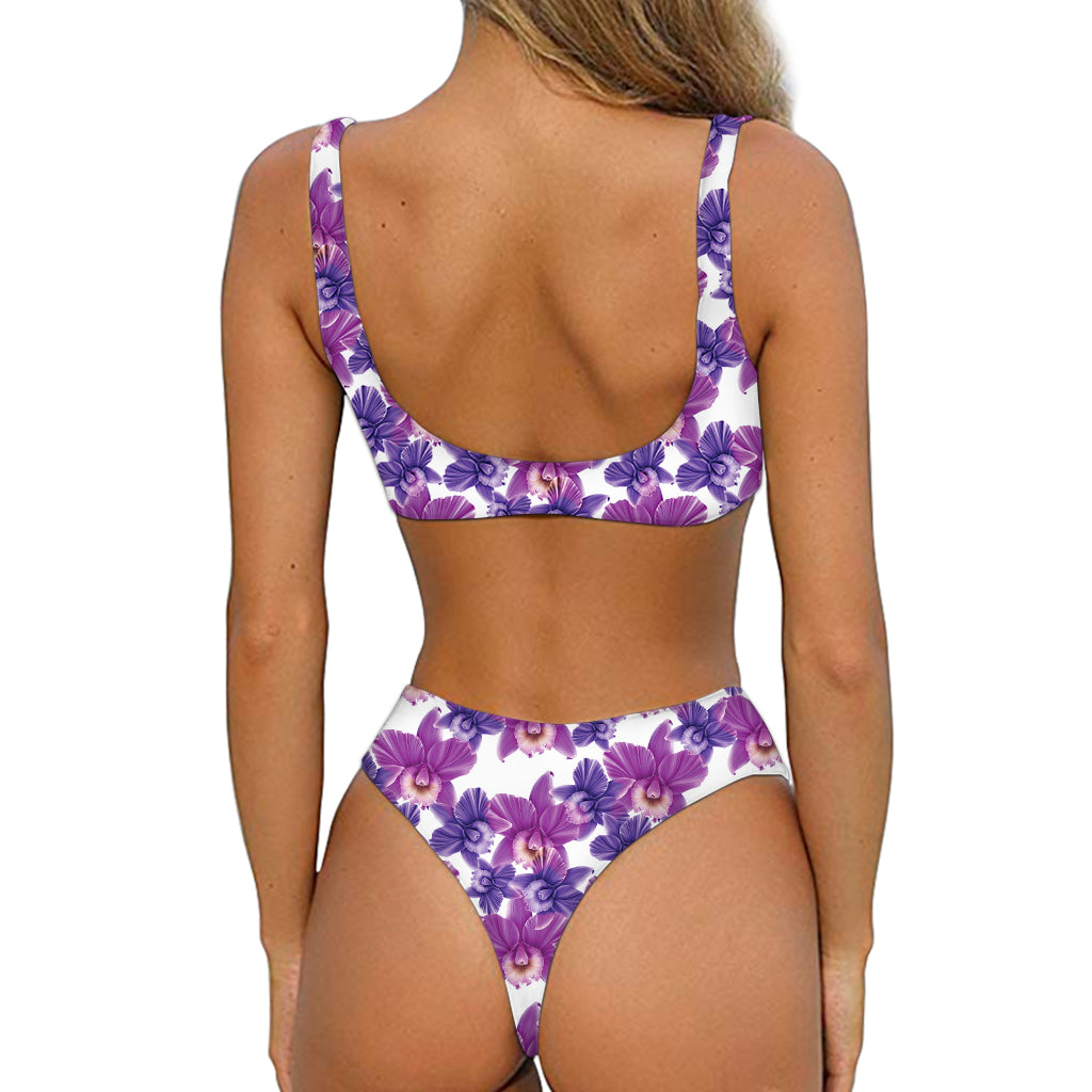 Purple Orchid Flower Pattern Print Front Bow Tie Bikini