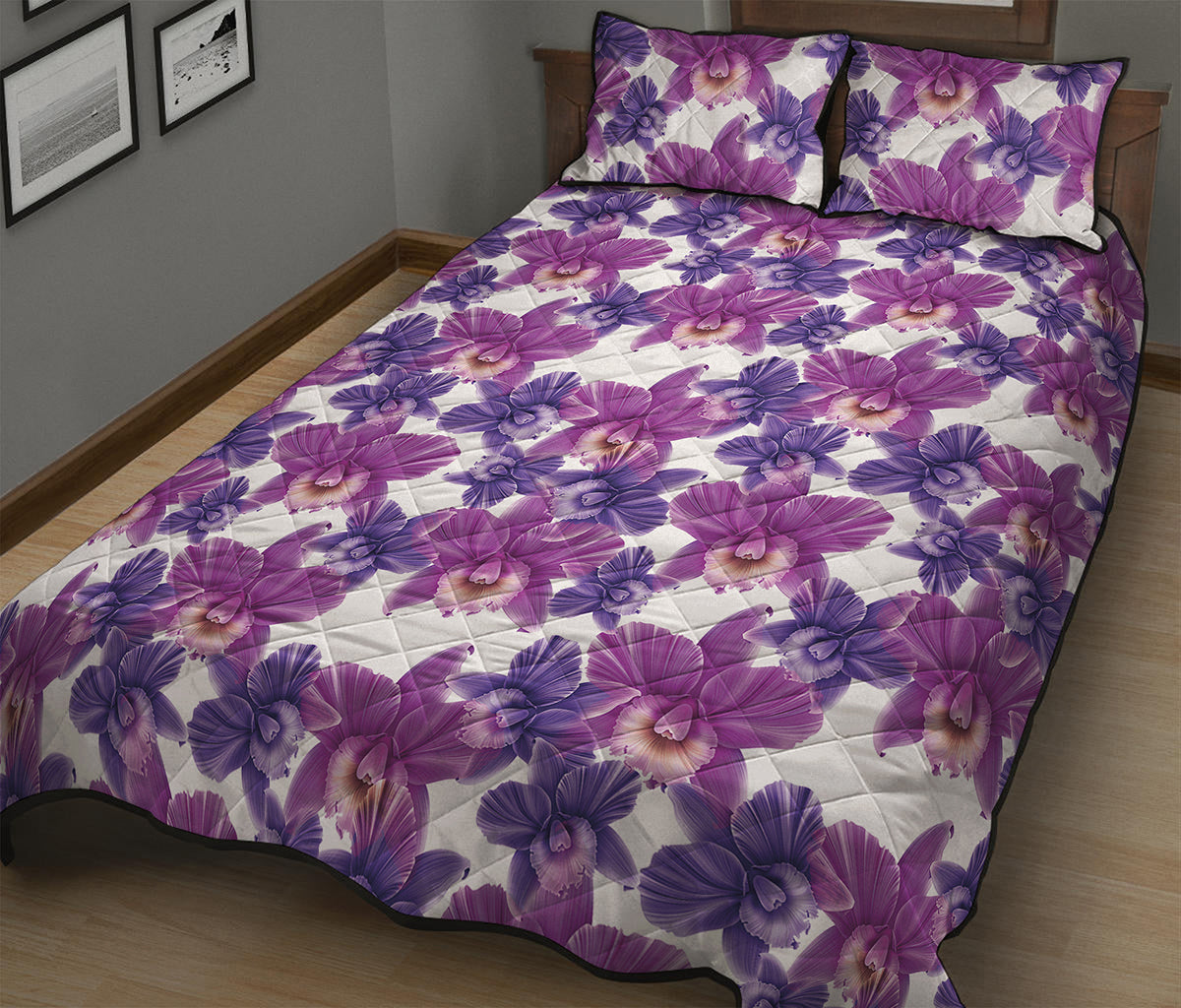 Purple Orchid Flower Pattern Print Quilt Bed Set