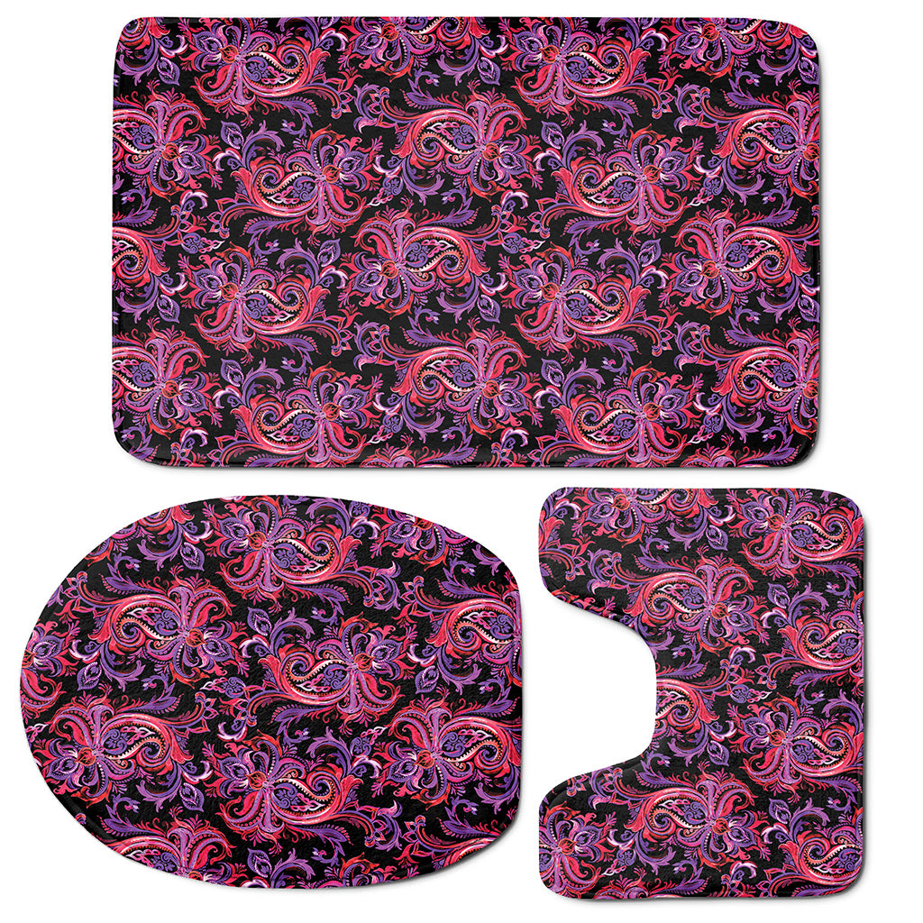 Purple Paisley Pattern Print 3 Piece Bath Mat Set