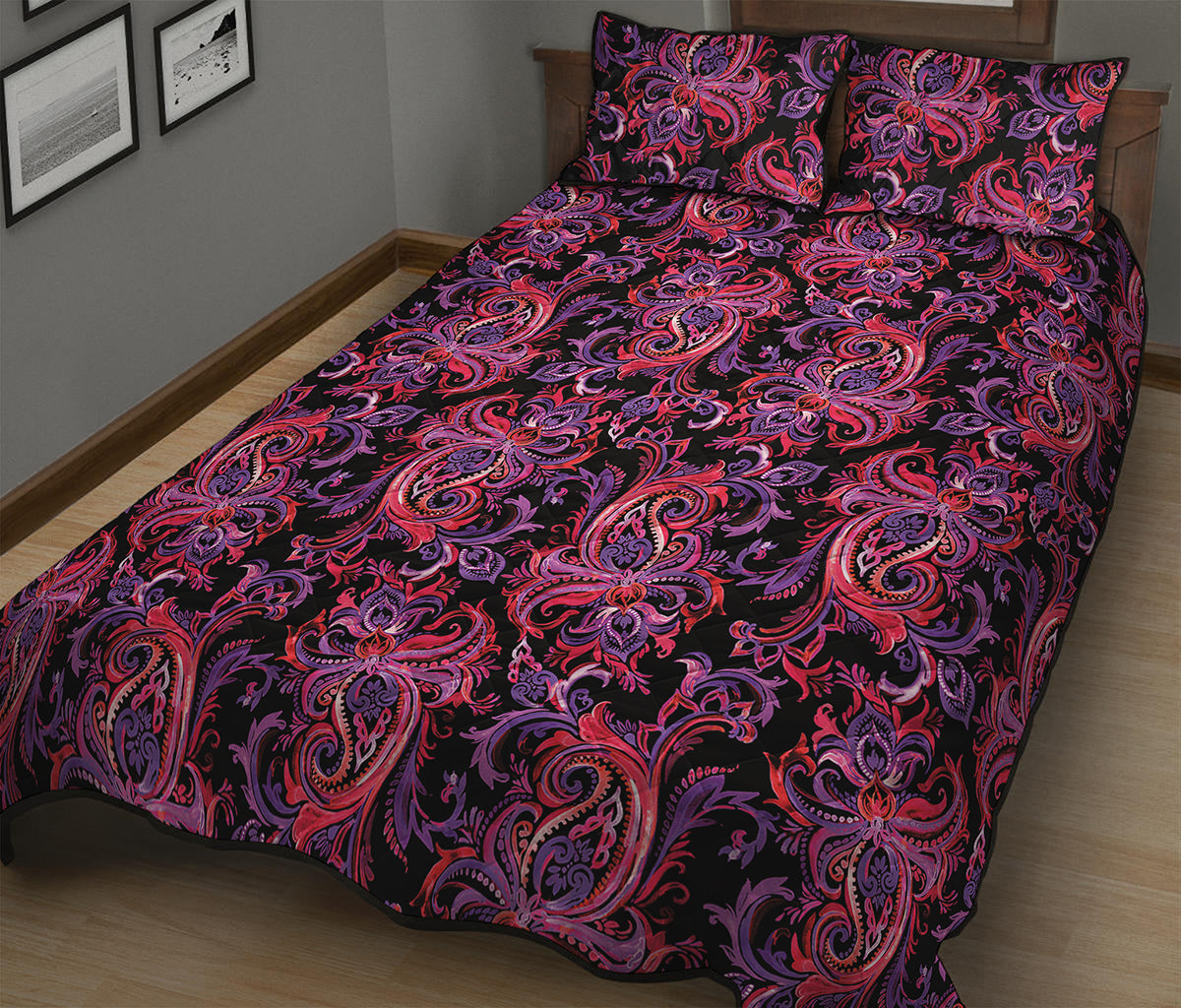 Purple Paisley Pattern Print Quilt Bed Set
