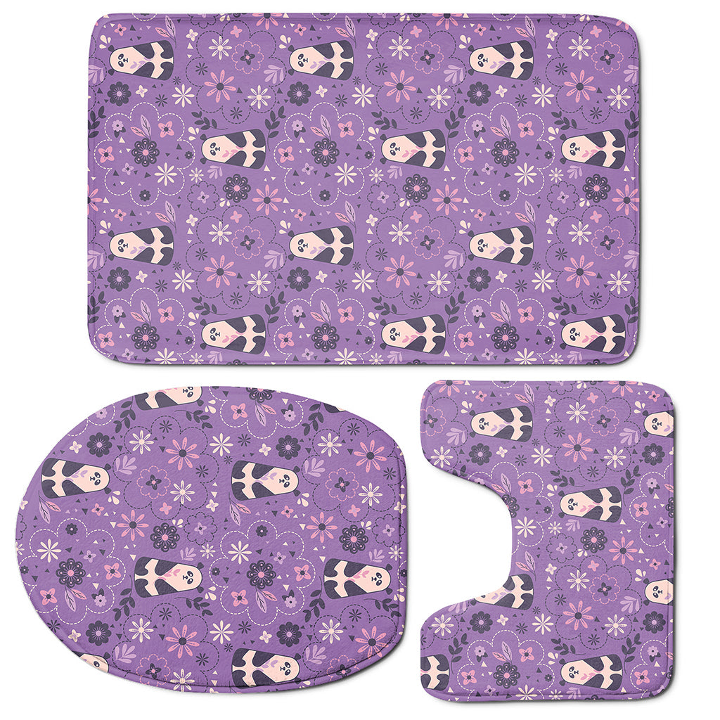 Purple Panda And Flower Pattern Print 3 Piece Bath Mat Set