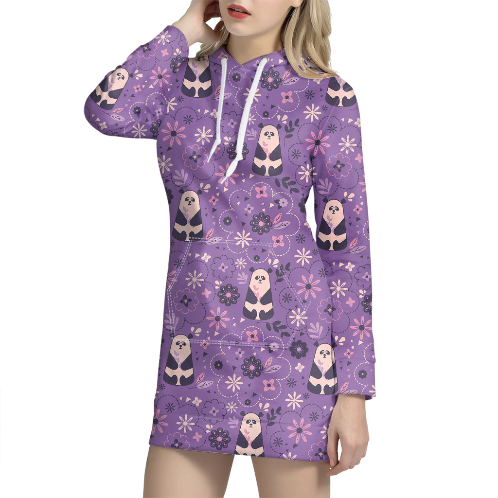 Purple Panda And Flower Pattern Print Hoodie Dress